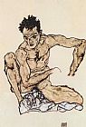 Egon Schiele Squatting male act selfportrait painting